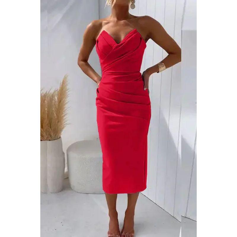 Fashion European and American Women Clothes Sexy Tube Top Sleeve Slit Solid Dress Sexy Solid Color Dress