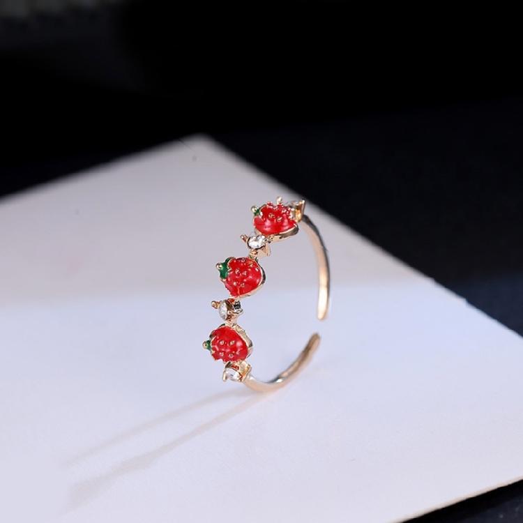 Delicate Strawberry Inspired Adjustable Ring With Faceted Cubic Zirconia Stones Polished Copper Base Fashionable Everyday Accessory