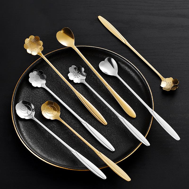 1Pc Coffee Spoon Stainless Steel Cherry Blossom Rose Spoon Creative Long Handle Gold-plated Flower Spoons Kitchen Accessories