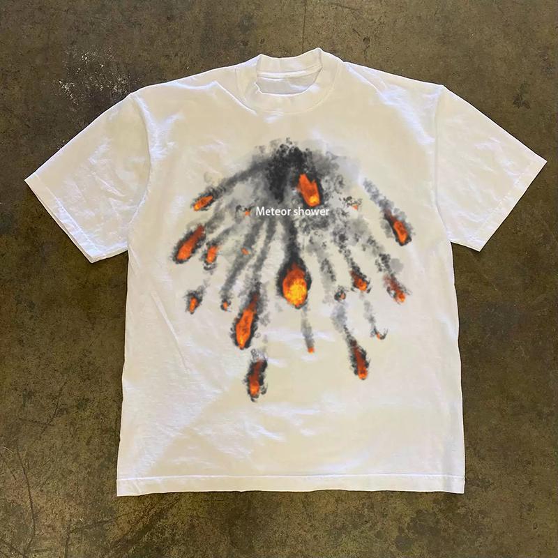 

200G Heavy Pure Cotton American Vintage Short-sleeved T-shirt Summer Loose Ins Trendy High Street Top Meteorite Print 4XL