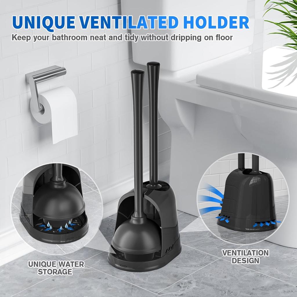 Toilet Plunger and Brush, Silicone Bowl Brush and Heavy Duty Toilet Plunger Set with Ventilated Holder, 2-in-1 Toilet Brush and Plunger Combo for