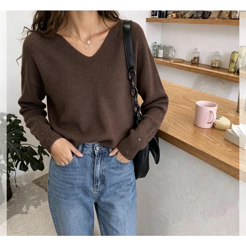 TIFICY Women's Fashion Casual Fall Winter Solid Color Print Long Sleeve V-Neck Tops Women's Clothing Woolen Knitwear Sweaters