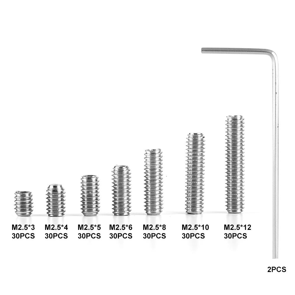 212Pcs Set Screws Stainless Steel M2.5 A2 DIN916 Inner Hex Concave End Tighten Fasteners