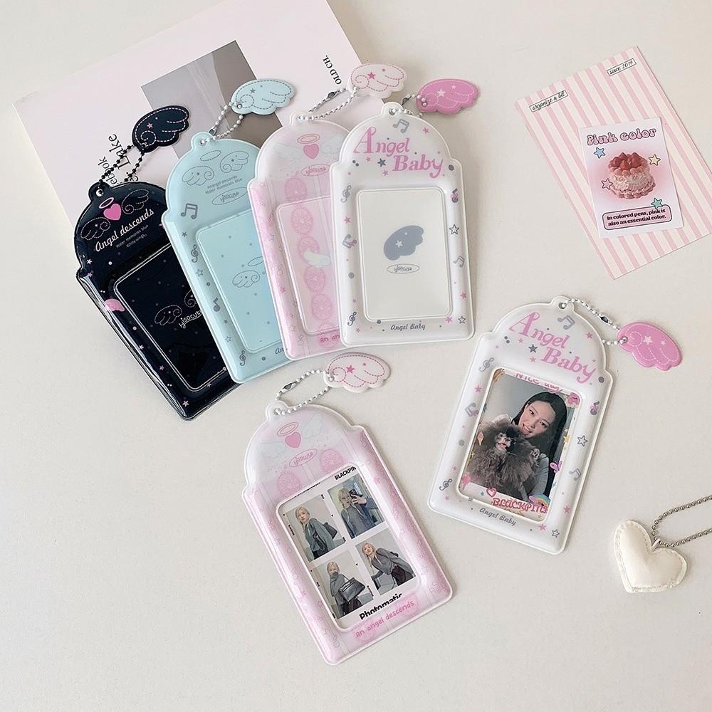 Portable PVC Photocard Holder Keychain Angel Wings Cartoon Photo Frame Hanging Decoration ID Badge Holder for Student Girls