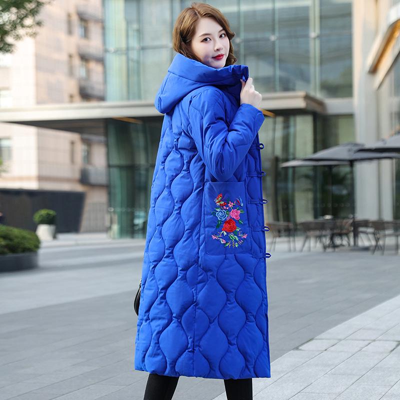 

Женское хлопковое пальто с капюшоном в этническом стиле - Вышивка, карман, ретро, большой размер, средней длины, зимняя куртка 2XL (suggest 67.5-75 kg) синий