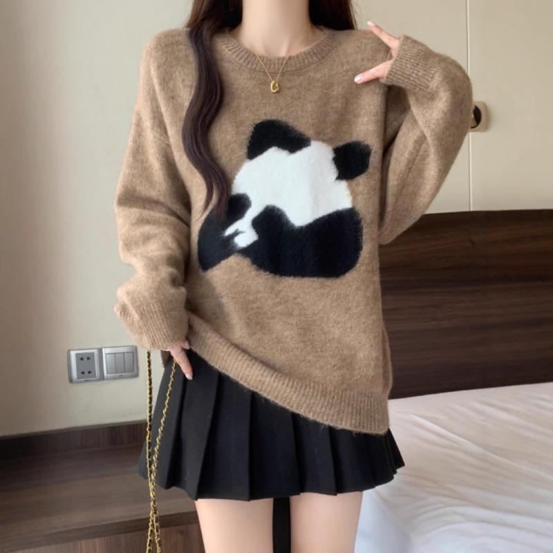 

Женский свитер с круглым вырезом и жаккардом «Панда» для свободного осенне-зимнего стиля, свободный трикотажный топ с напуском one size хаки