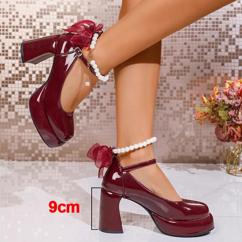 

Elegant Ladies Wine Red Bowtie Pumps Spring Chunky Platform Ankle Strap High Heels Shoes Woman Pearls Platform Mary Janes 40