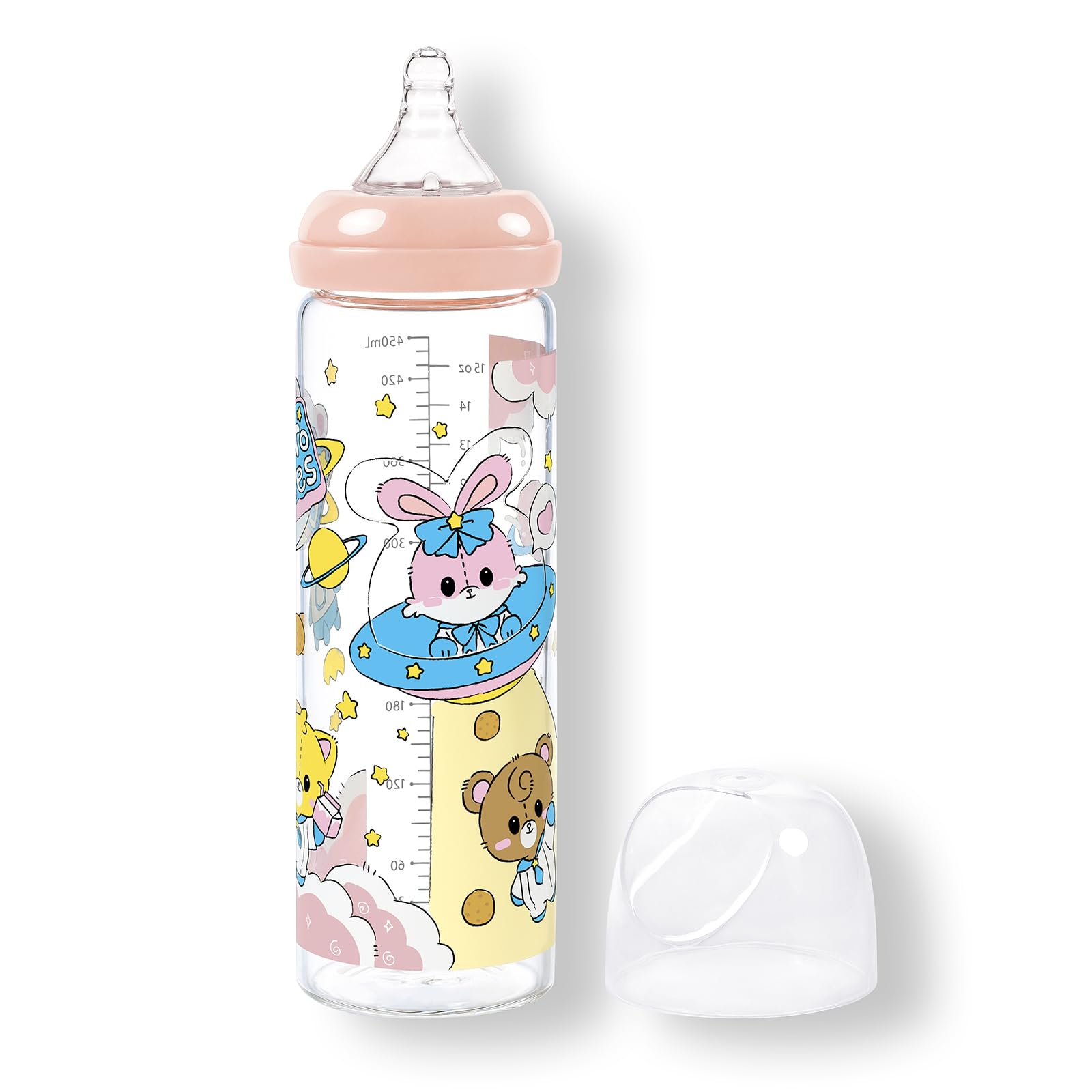 

LittleForBig Adult Baby Bottle with Spaceman Print, Dustproof Lid, and Replaceable Silicone Nipple, Pastel Colors