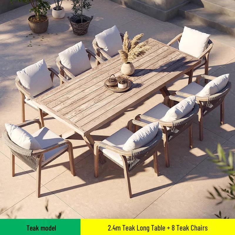 Teak Rattan Outdoor Dining Set: Waterproof Table & Chairs for Terrace or Garden