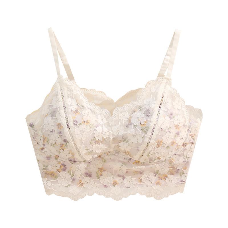 Romantic Floral Lace Beautiful Back Small Chest Gathering No Steel Ring Bra Fixed Cup Upper Support Sweet Temperament Bra Underwear