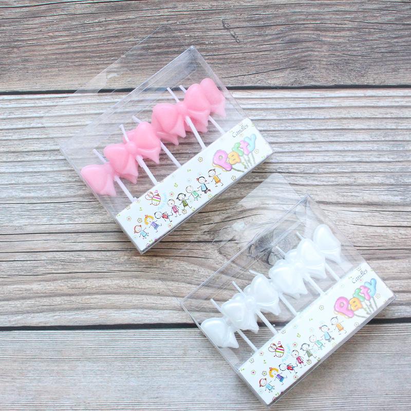 

New Pink Bow Birthday Candles Creative Party 5 PVC Boxed White Bow Candles new 5 white bow candles