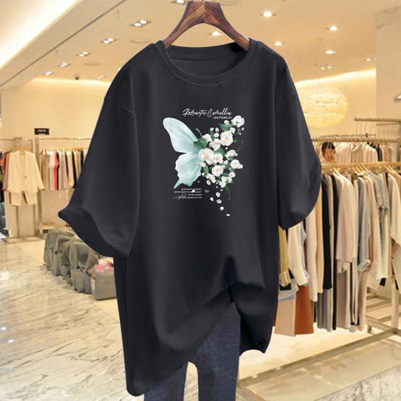 Black butterfly print cotton short-sleeved t-shirt women's summer ins niche design loose half-sleeved top