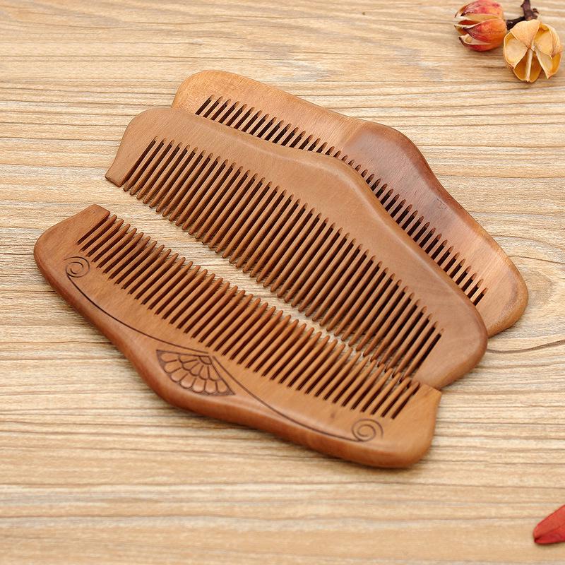 Solid Wood Peach Comb for Head Massage - Engraved Design for Women & Men