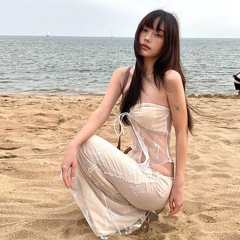 Island Chic: Sexy Lace Bandeau Swimsuit & Split Long Dress for Women