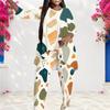 Women Plus Size Geometric Printed Round Neck 3 4 Sleeve Layered Top Long Pants Two Piece Set