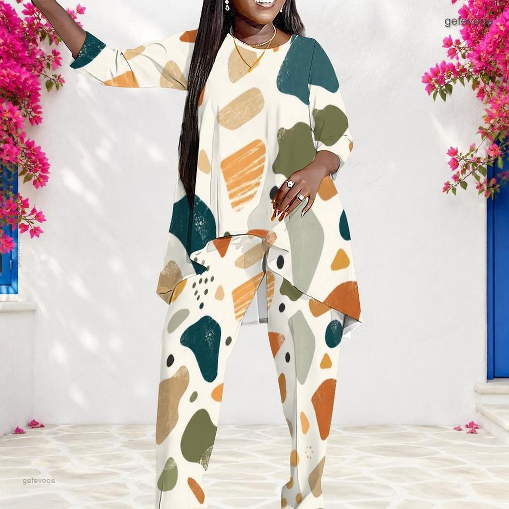 Women Plus Size Geometric Printed Round Neck 3 4 Sleeve Layered Top Long Pants Two Piece Set