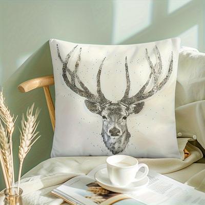 1pc Pillowcase, Unique Vintage Forest Elk Design, Soft and Comfortable Polyester Short Plush Fabric, Single-Sided Print, Pillow Insert Not Included. M