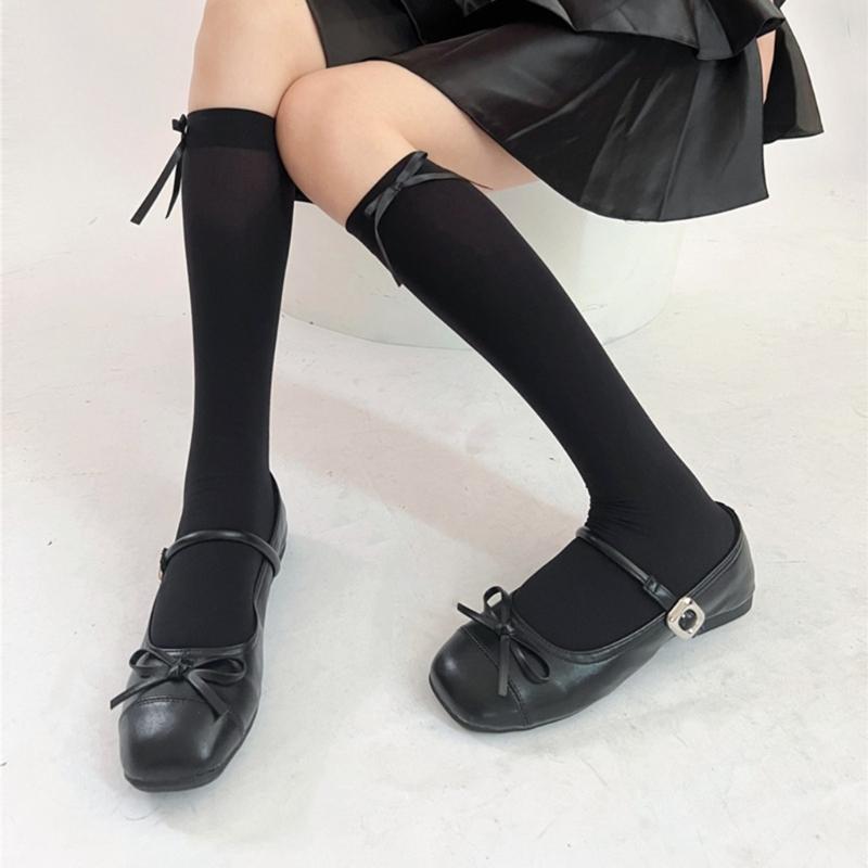 Ballett Elegante Samt Over-the-Calf Lange Socken für Damen Mädchen Süße Band Schleife Einfarbig Oberschenkelhohe Strümpfe