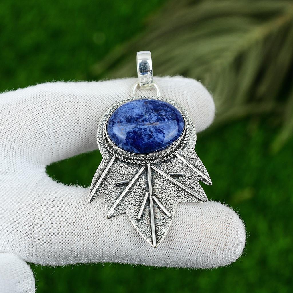 Natural Sodalite Gemstone Pendant 925 Sterling Silver Indian Jewelry For Women
