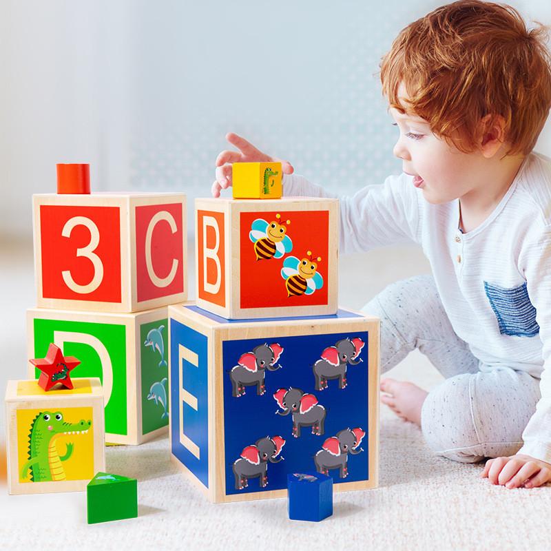 Color Multifunctional Wooden Shape Matching Stacking Box Kid Puzzle Toys