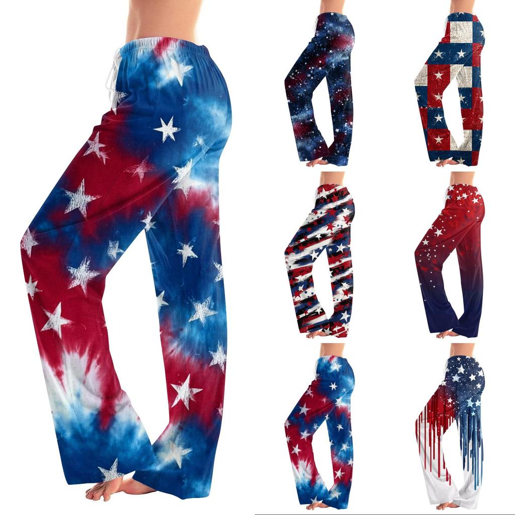 Damen-Hose mit Kordelzug-Taille, lockere Passform, Aufdruck zum Unabhängigkeitstag, lange Hose, lässige entspannte Hose mit Sternenmuster-Design
