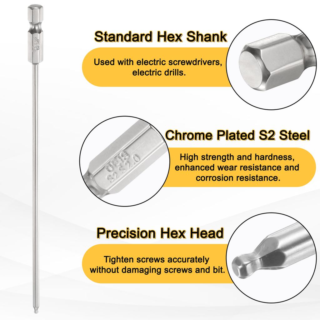1/2/3pcs Ball End Hex Screwdriver Bit H1.5/H2/H2.5/H8 Head 1/4" Hex Shank 150mm (6") Long Magnetic Metric Screw Driver Drill Bit