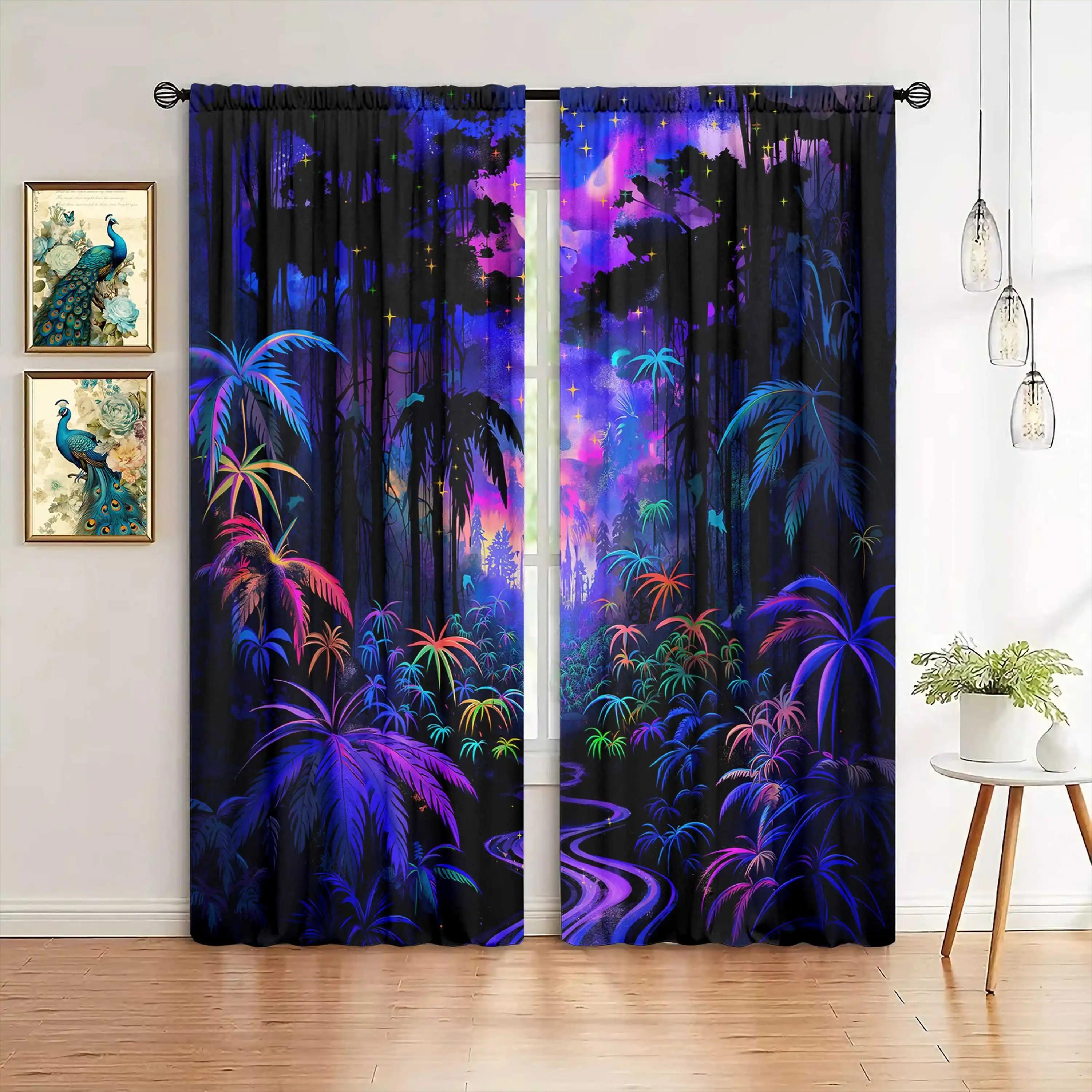

2pcs Colorful Palm Tropical Window Curtains Blackout Polyester Drapes Living Room Bedroom Home Decor Rod Pocket Curtains 100*130 HOOK 1pcs