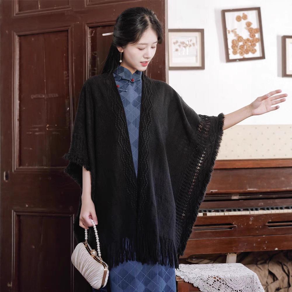 Knitted shawl with cheongsam with tassel antique fairy new Chinese cardigan white 1011 new autumn