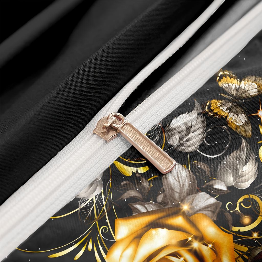 3Pcs Luxurious Golden Rose Butterfly Quilt/Doona/Duvet Cover Set - Soft, Breathable Bedding For Bedroom And Dorm Room Aesthetics