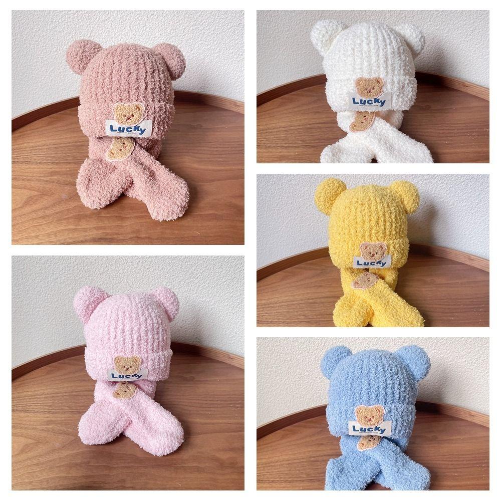 Neck Scarf Kids Crochet Hat Bear Children's Ear Protection Hat Baby Hat with Scarf  Toddler