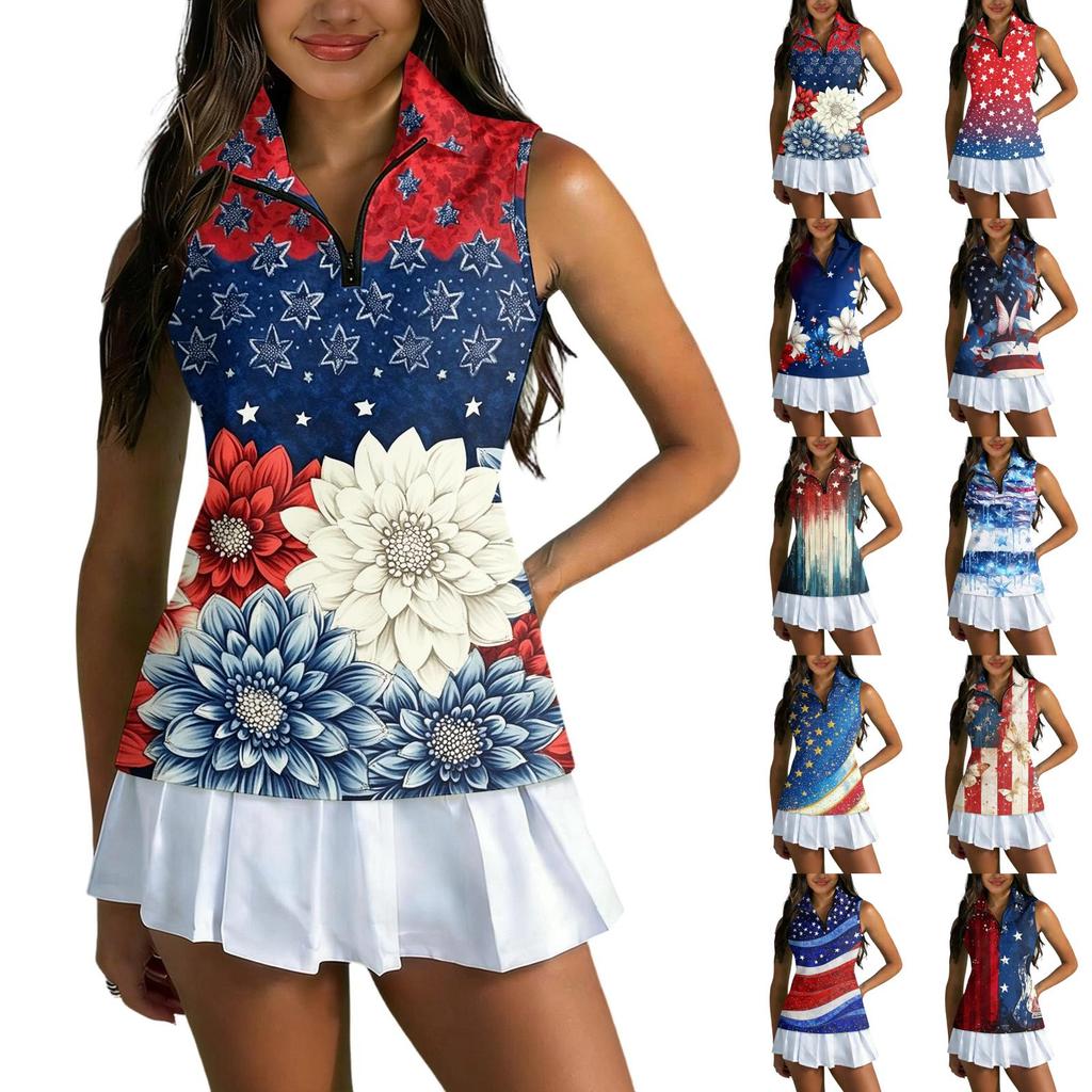 Women Sleeveless Golf Polo Shirt Zipper Collar Casual Athletic Tank Top with Printed Pattern for Sports and Outdoor Activities