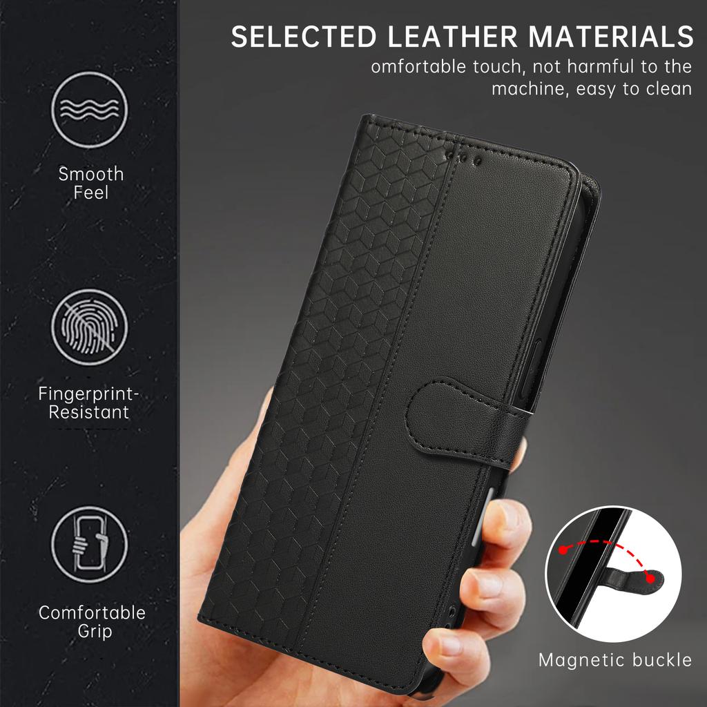 For iPhone 15 Pro Case 3D Rhombus Grid Imprinted Wallet Leather Phone Cover with Lanyard