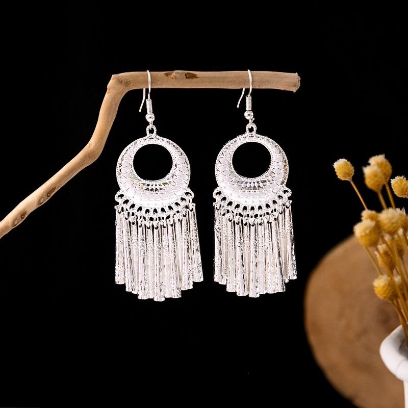 Miao geometric bells, fringed earrings, minority earrings, bohemian long leaf earrings