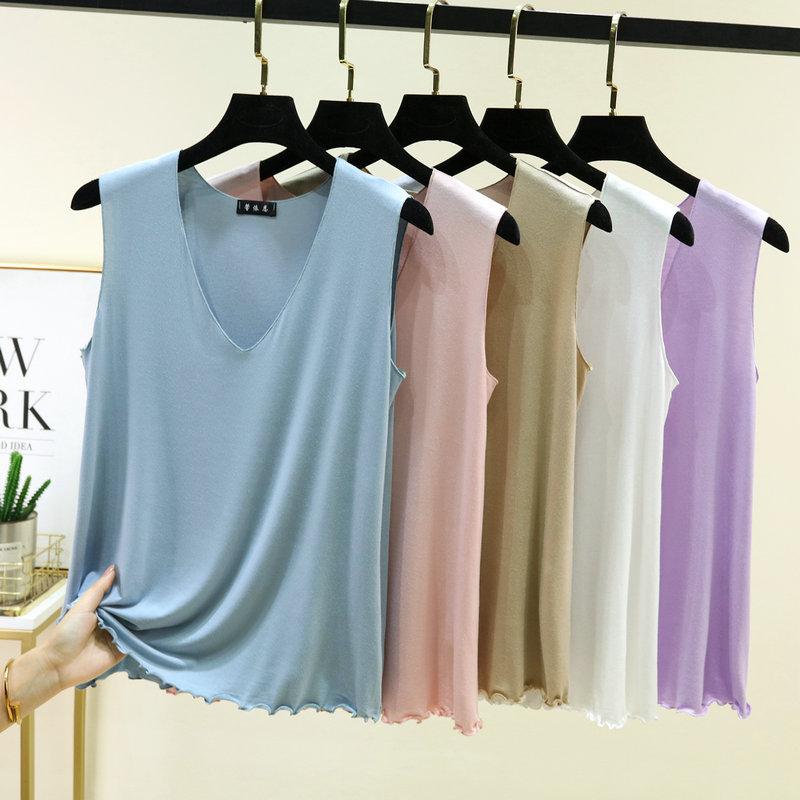 Mărime mare de la M la 6XL Top de damă cu decolteu în V cu volane Topuri de vară din modal subțire Îmbrăcăminte interioară Vestă fără mâneci Strat de bază Culoare solidă Maiou