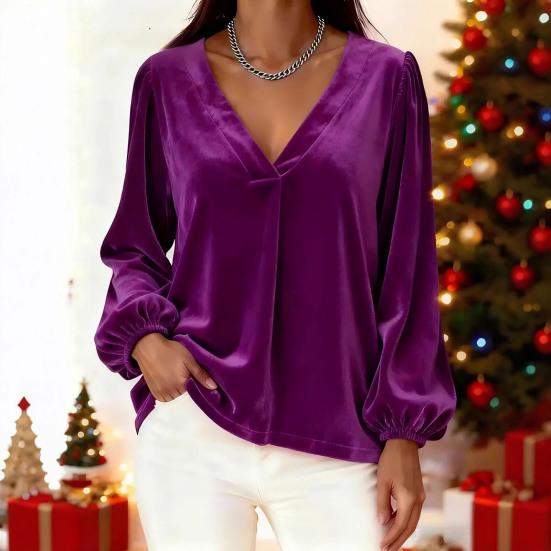 Women Tops V Neck Lantern Long Sleeve Solid Color Casual Tops Loose