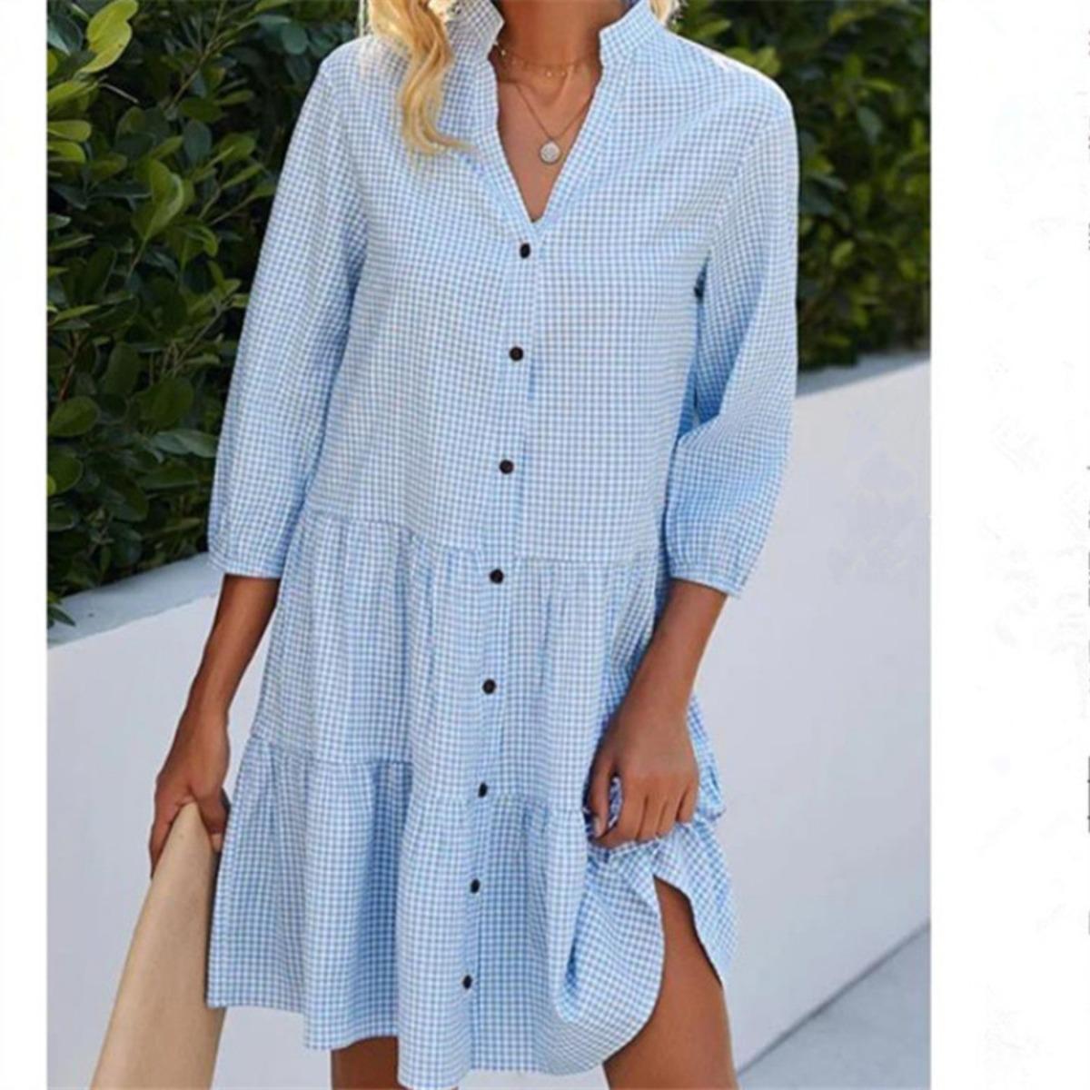 

Women s Fall Plaid Stand Collar Shirt Dress, 3/4 Sleeve, Casual Fashion for European & American Markets S синий