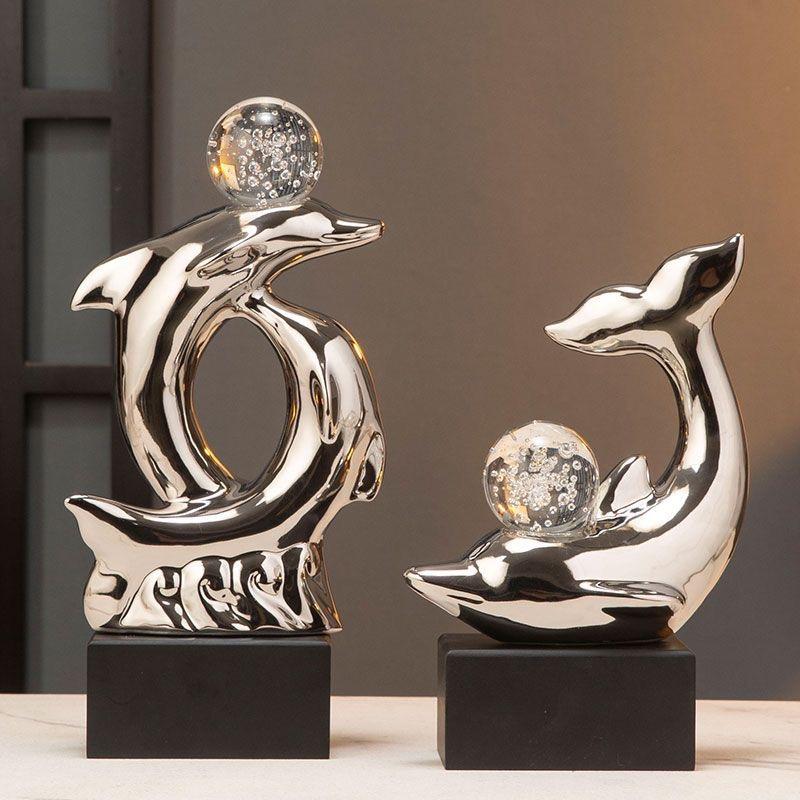INS Luxury Ceramic Dolphin Figurine, Modern Decorative Ornament for Entryway, Living Room & Study Decor