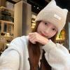 Floppy Cat Ear Beanie for Students Adult Windproof Foldable Winter Hat Thicken Harajuku Beanie with Letter Decals