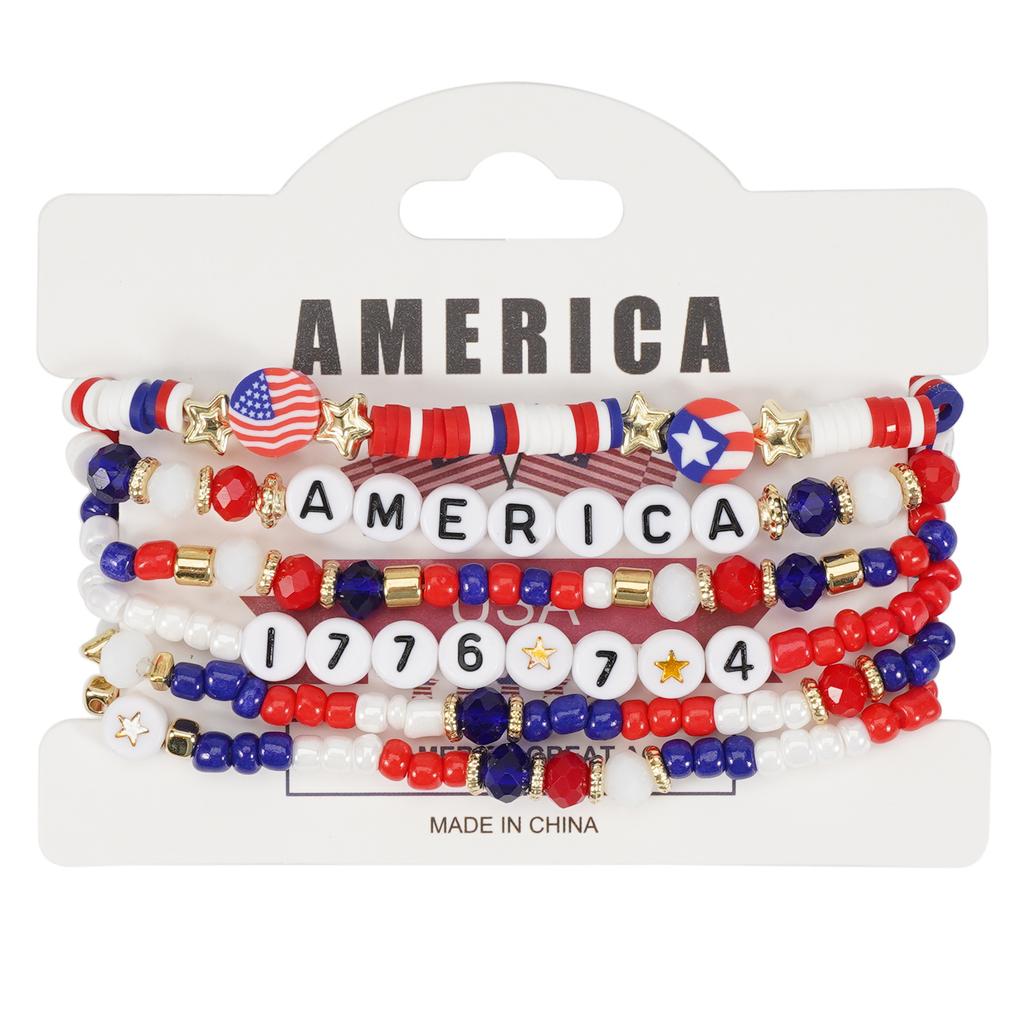 Pack of 6 Fashionable Patriotic Beaded Bracelets Elastic July 4th Jewelry Americans Flag Star Charm Party Accessories