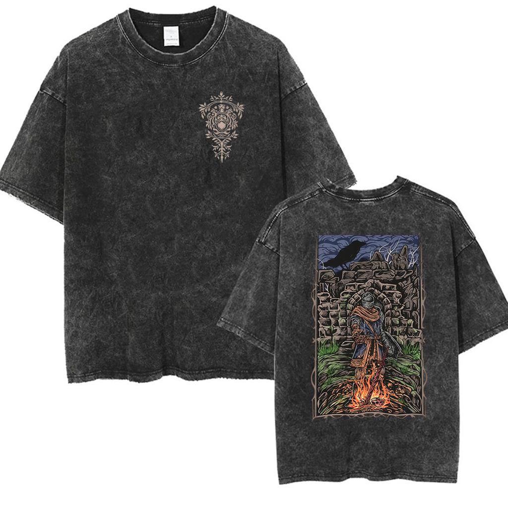 Vintage Washed Dark Souls 3 Hot Game Graphic T Shirt Mens Women Classic Player Fashion Cotton Short Sleeve Tshirts Streetwear
