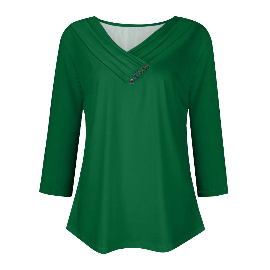 Womens 3/4 Sleeve Daily Weekend V Neck Casual Printed Tshirts Loose Fit Pleated Tees Button Down Shirts