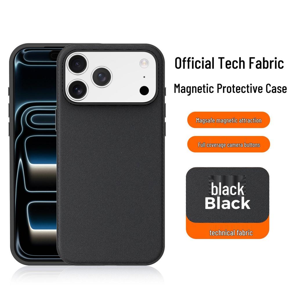 Magnetic Tech Cloth Fabric Phone Case for iPhone 15/16/17 Pro Max with Camera Button Protection.