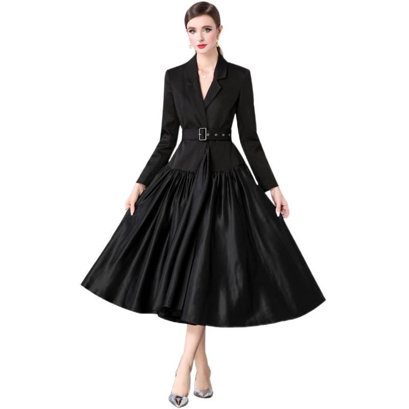 Stylish French Suit Dress with Dramatic Stitching and Midi Swing Design