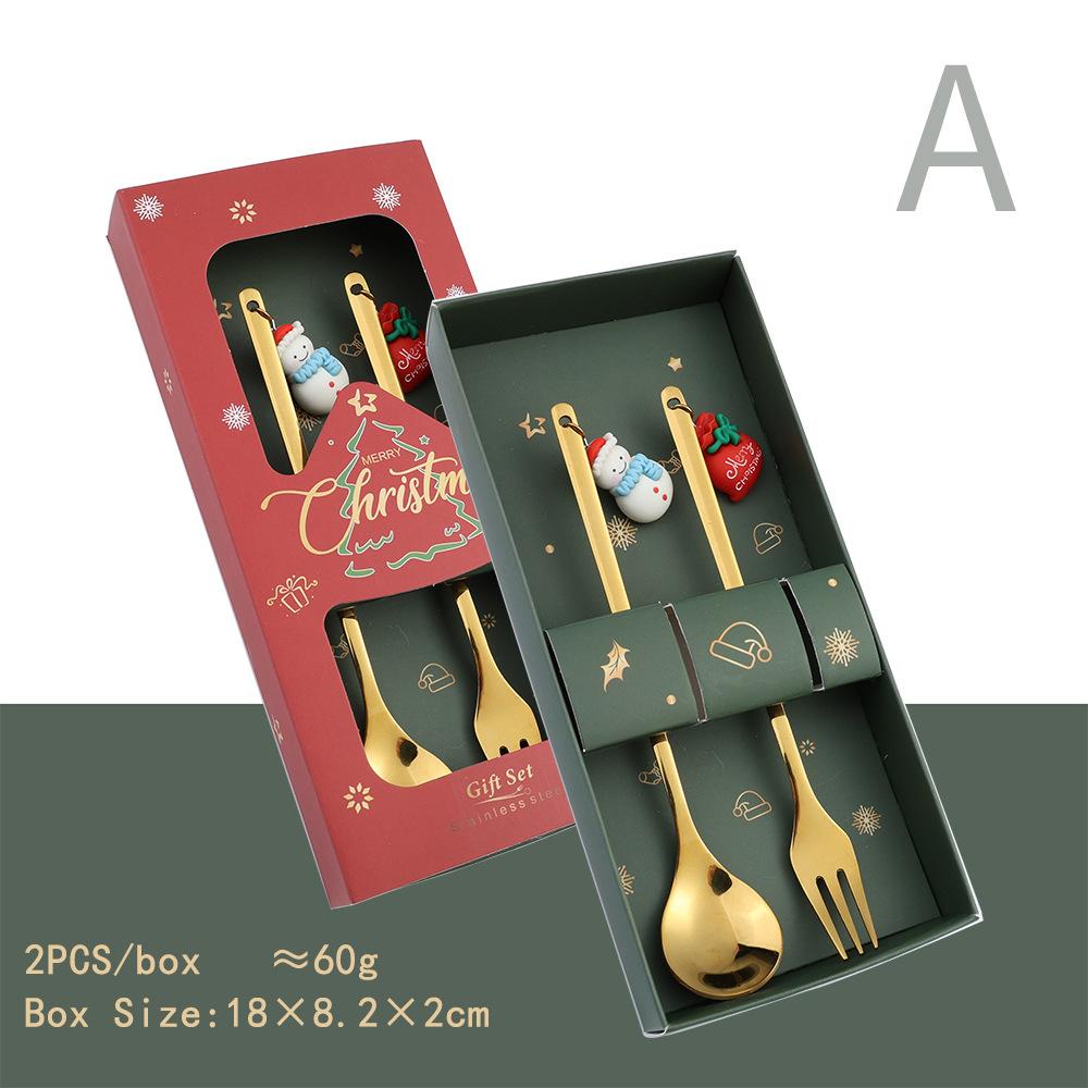 HANYANG juleskjesett julegavebestikk To sett med dessertskjeer og gafler Santa elg dukkeskje