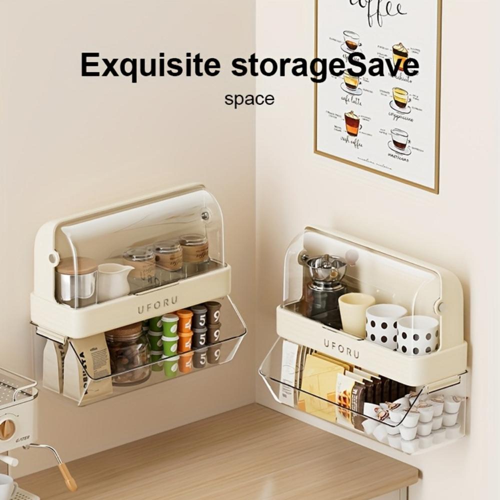 Wall-Mounted Tea Bag Shelf , Multi-Function Dustproof Cup , Capsule Organizer with Flip,Top Lid, Contemporary White Plastic Storage Rack for Office