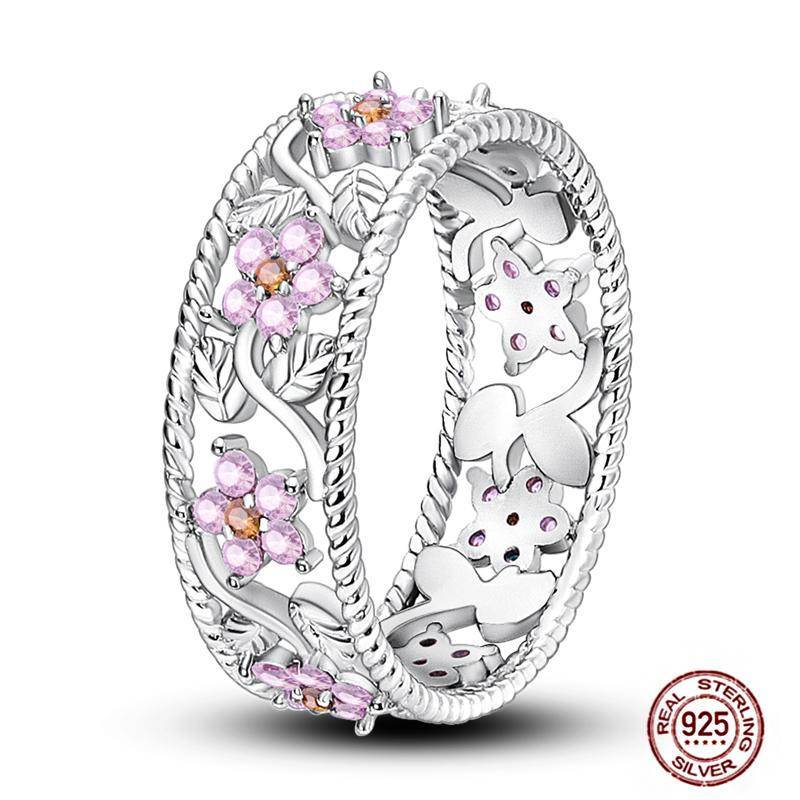 Shine Women koppar Fingerringar 925 Sterling Hjärta Krona Glöd Eldfluga Stjärna Sol Tusensköna Stapelbar Originalring Årsdag Zirkon