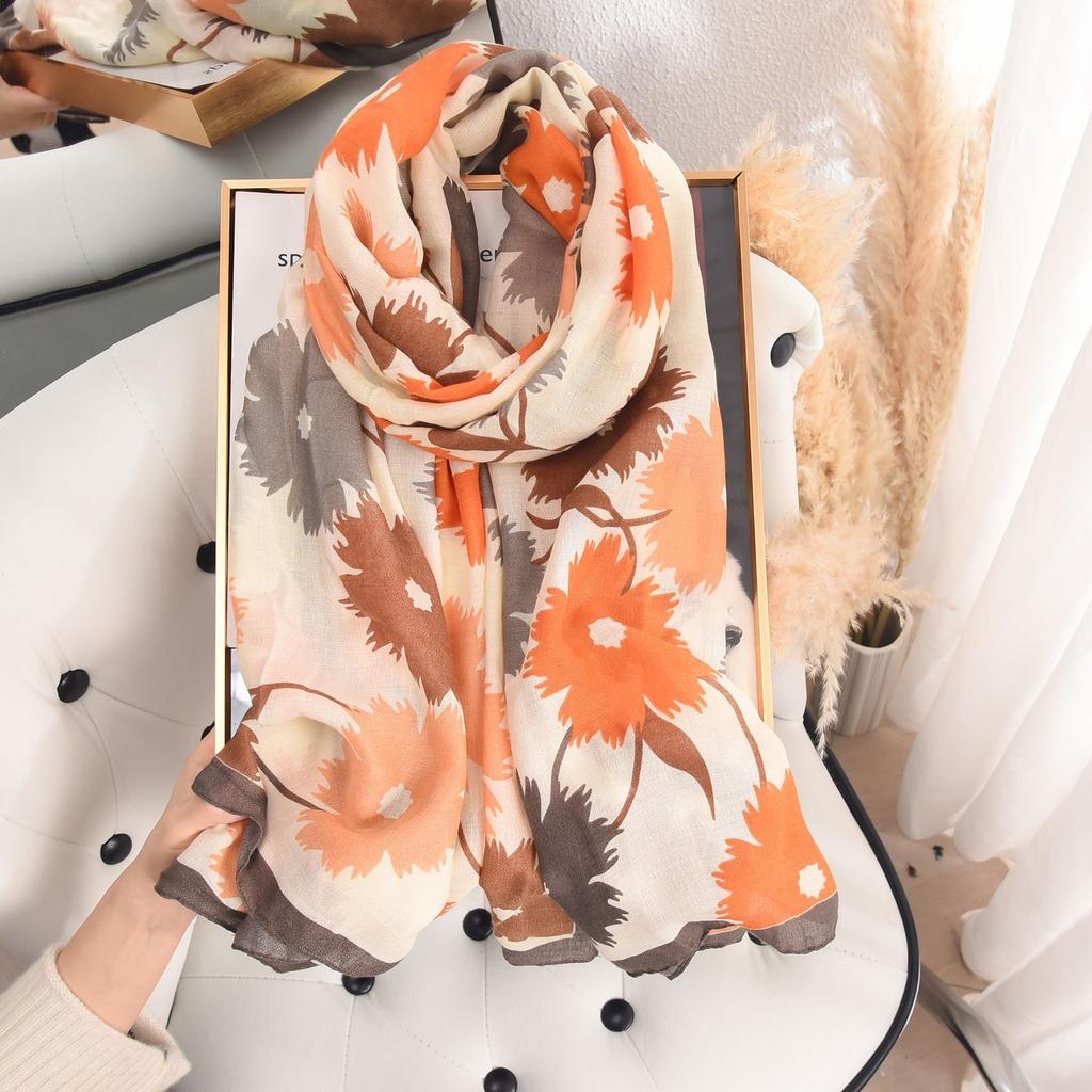 Imitation Cotton and Linen Scarf for Women In Spring and Summer Fashion Thin Pastoral Style Floral Printed Silk Scarf High-end Temperament Shawl