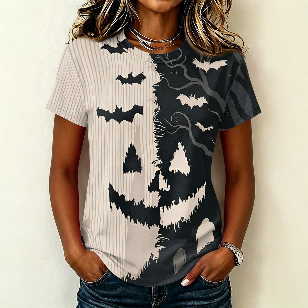 Womens Casual Pullover Short Sleeve T Shirt Halloween Graphic Print Top Lightweight Comfortable Fit