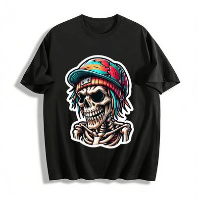 Trendy Street Style Skull With Cap Graphic Casual T-shirt Pure Cotton T-shirt