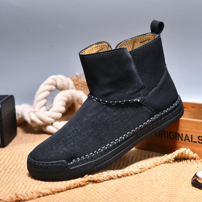 FashionHandmade Comfy Men's Casual Boots Leisure Walk Male High Top Shoes Leather Street Style Motorcycle Boots Slip On Walking Shoes
